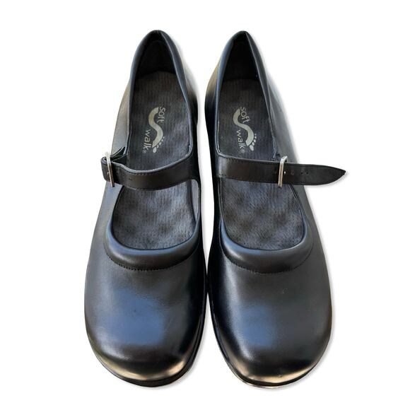 SoftWalk Black Leather Mary Jane Shoes 8.5 Narrow Comfort Work Flat - Picture 2 of 6
